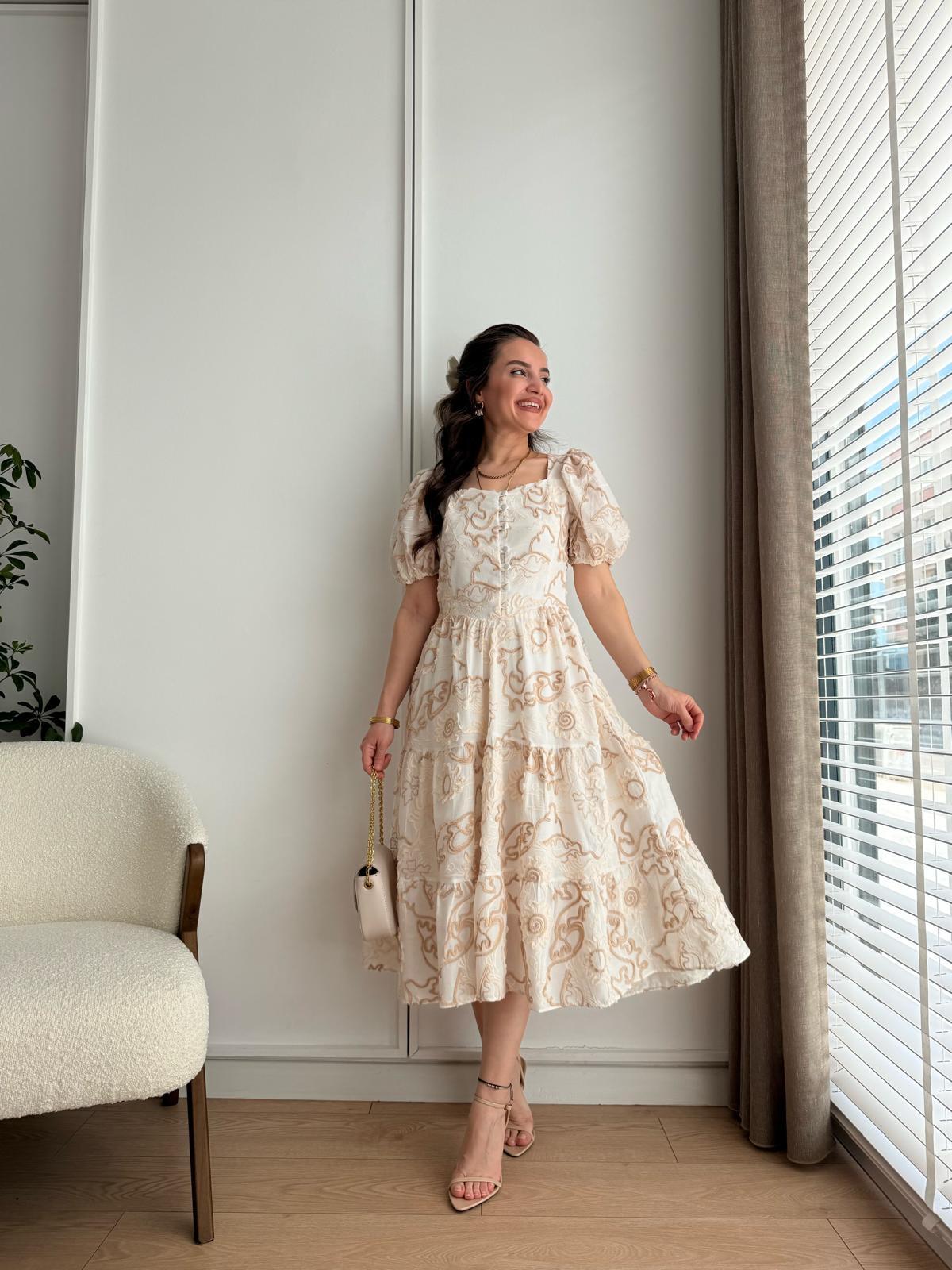 Ekru Premıum Seri Tasarım Balon Kol Elbise 2089