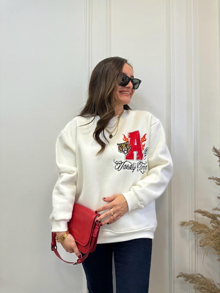 Ekru Renkli Nakışlı Bisiklet Yaka Sweatshirt 5019