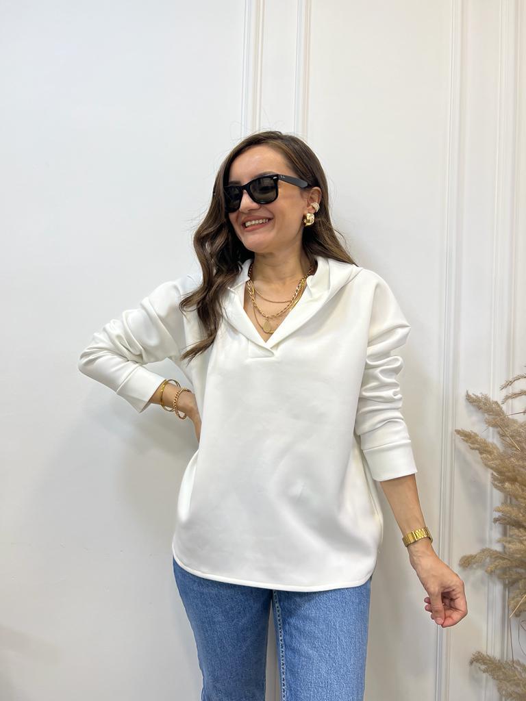 Ekru Scuba Kumaş Kapüşonlu Sweatshirt 1001