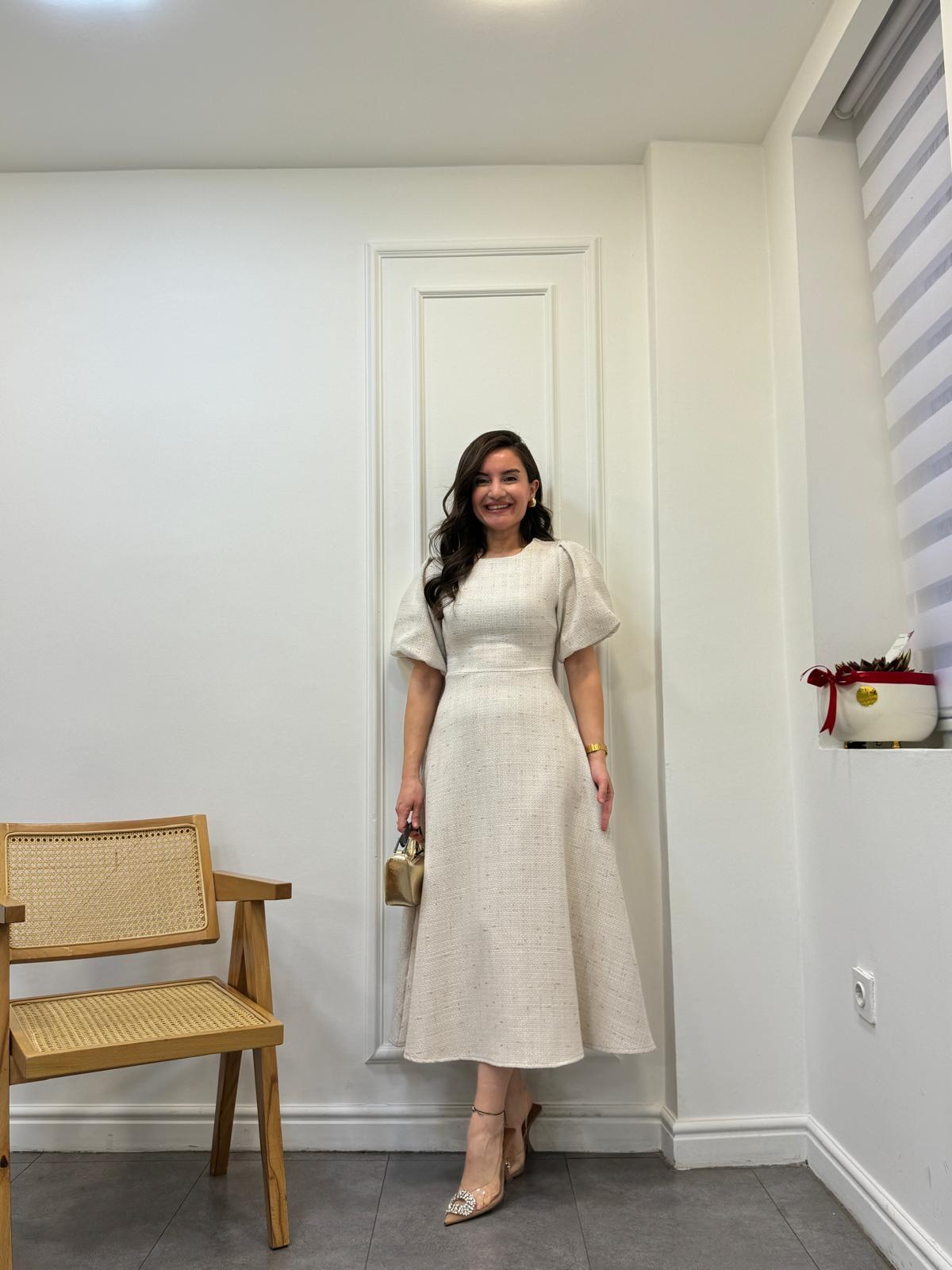 Ekru Sim Geçişli Balon Kol Tüvit Elbise 1245