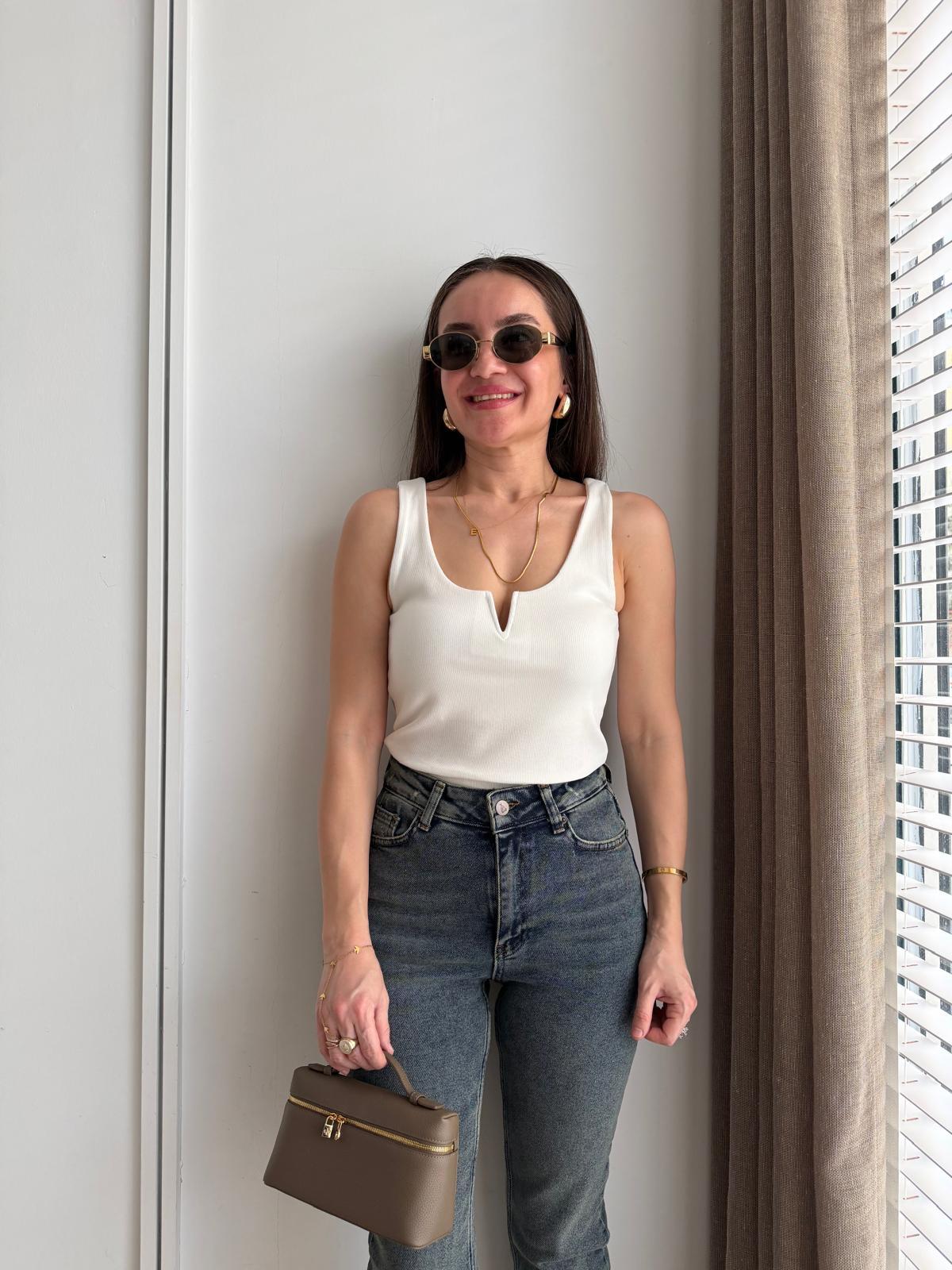 Ekru V Dekolte Detaylı Fitilli Atlet 3796