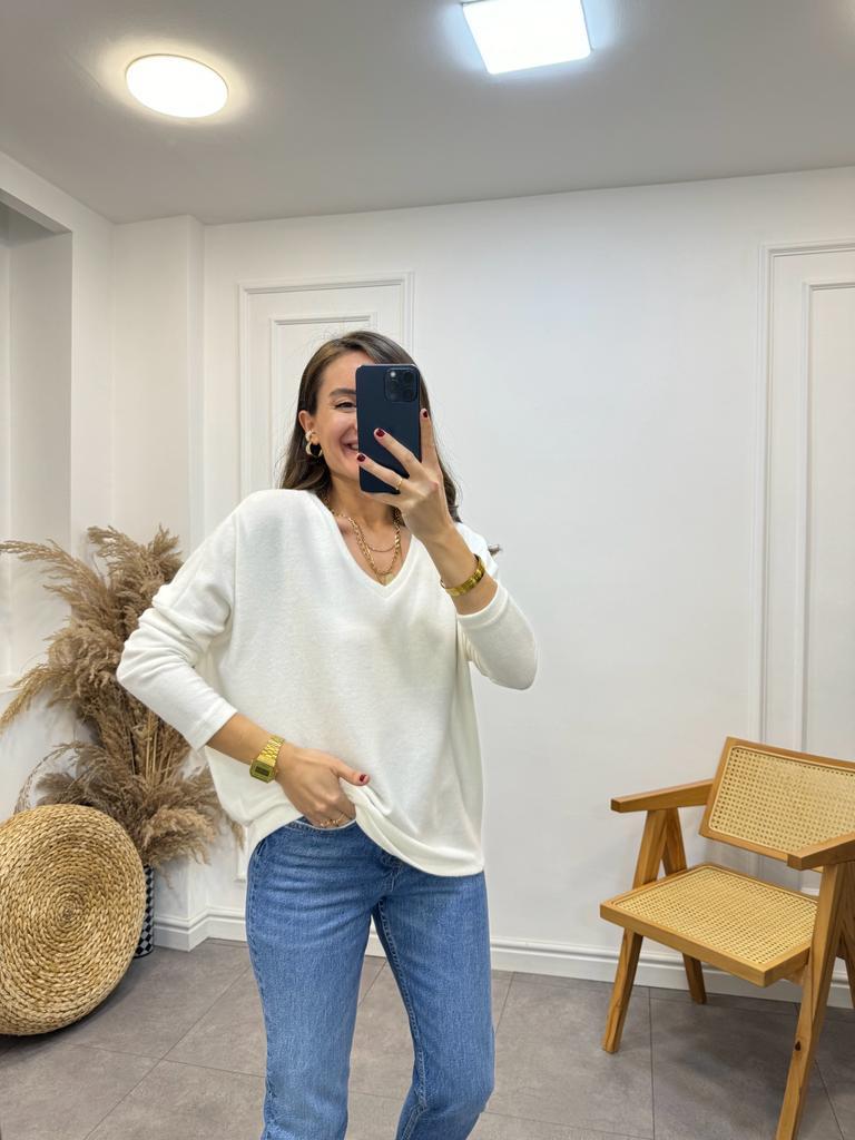 Ekru V Yaka Yumoş Triko Bluz 7590