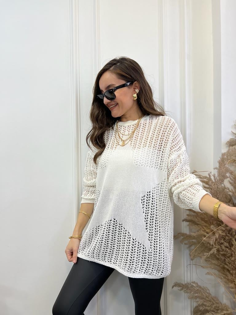 Ekru Yıldız Detaylı Örme Kazak 4036