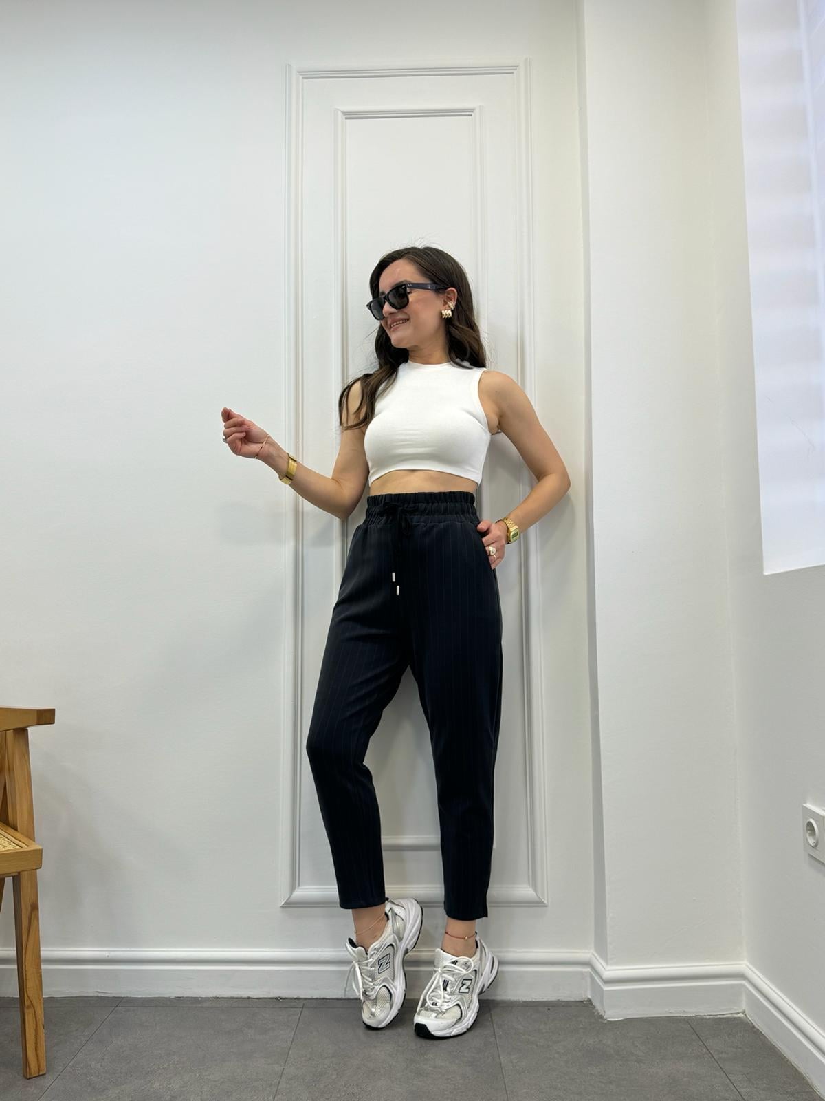 Füme Bej Çizgili Modal Kumaş Bilek Yırtmaçlı Jogger Pantolon 28461