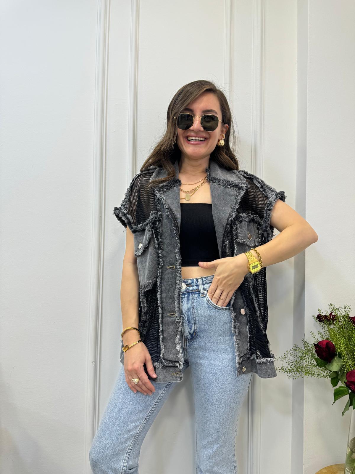 Füme File Detaylı Jean Yelek 1499