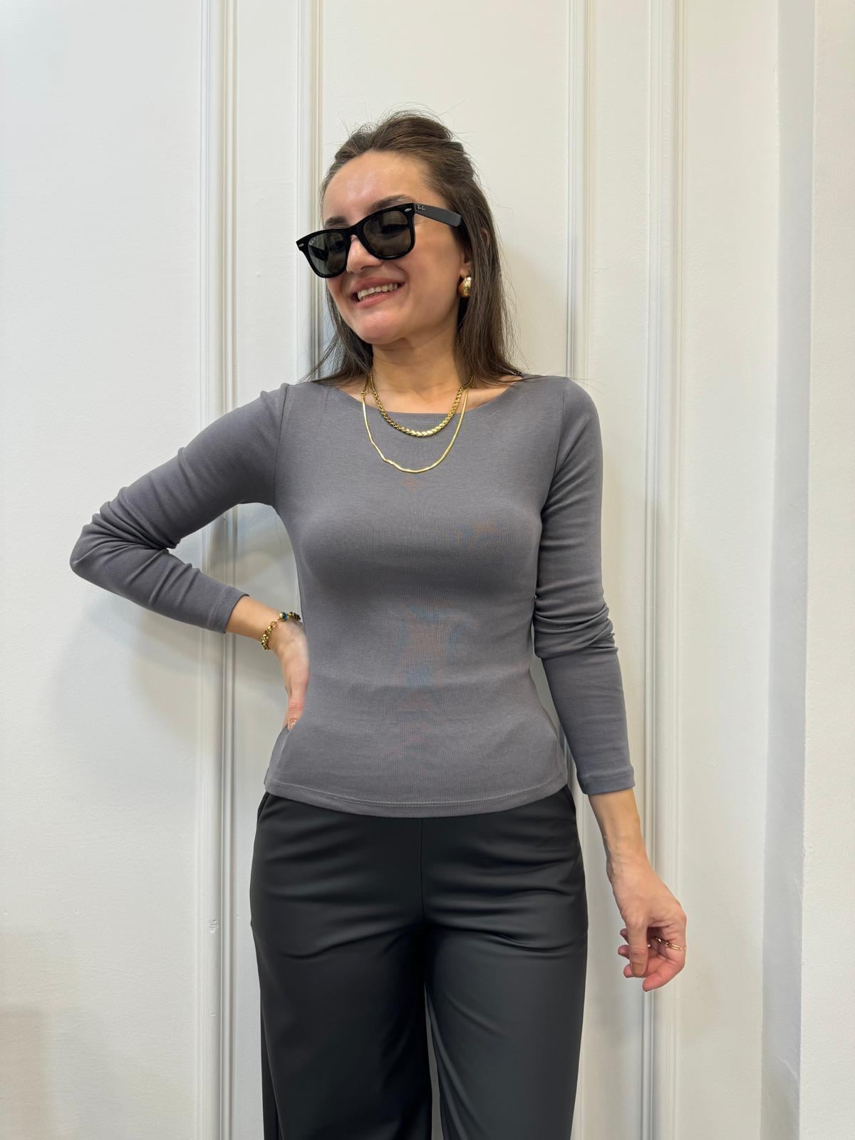 Füme Kayık Yaka Uzun Kollu Bluz 31332
