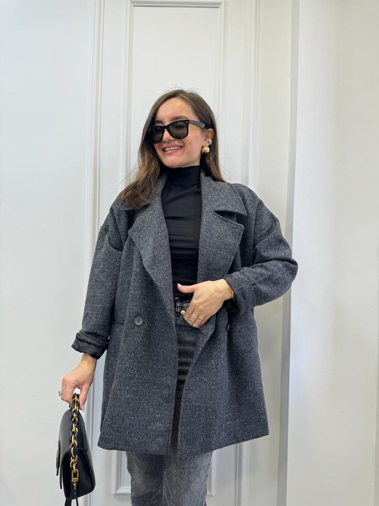 Füme Kruvaze Yaka Oversize Kaşe Kaban 7067