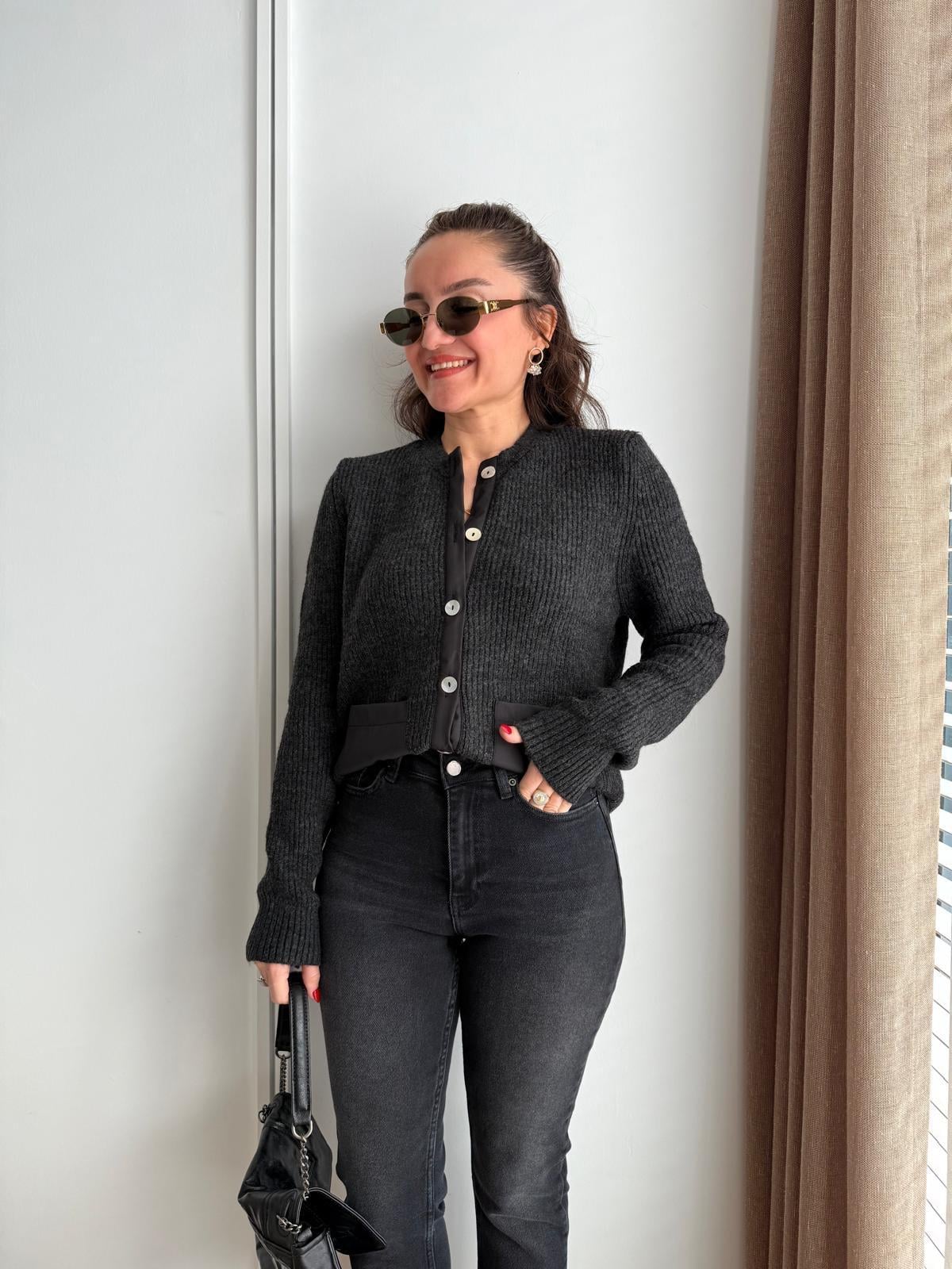 Füme Kumaş Cepli Triko Hırka 241086