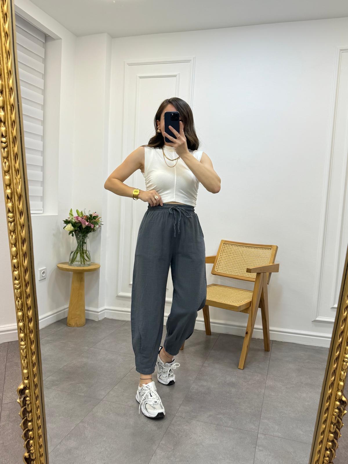 Füme Paçası Pensli Müslin Kumaş Pantolon 0255