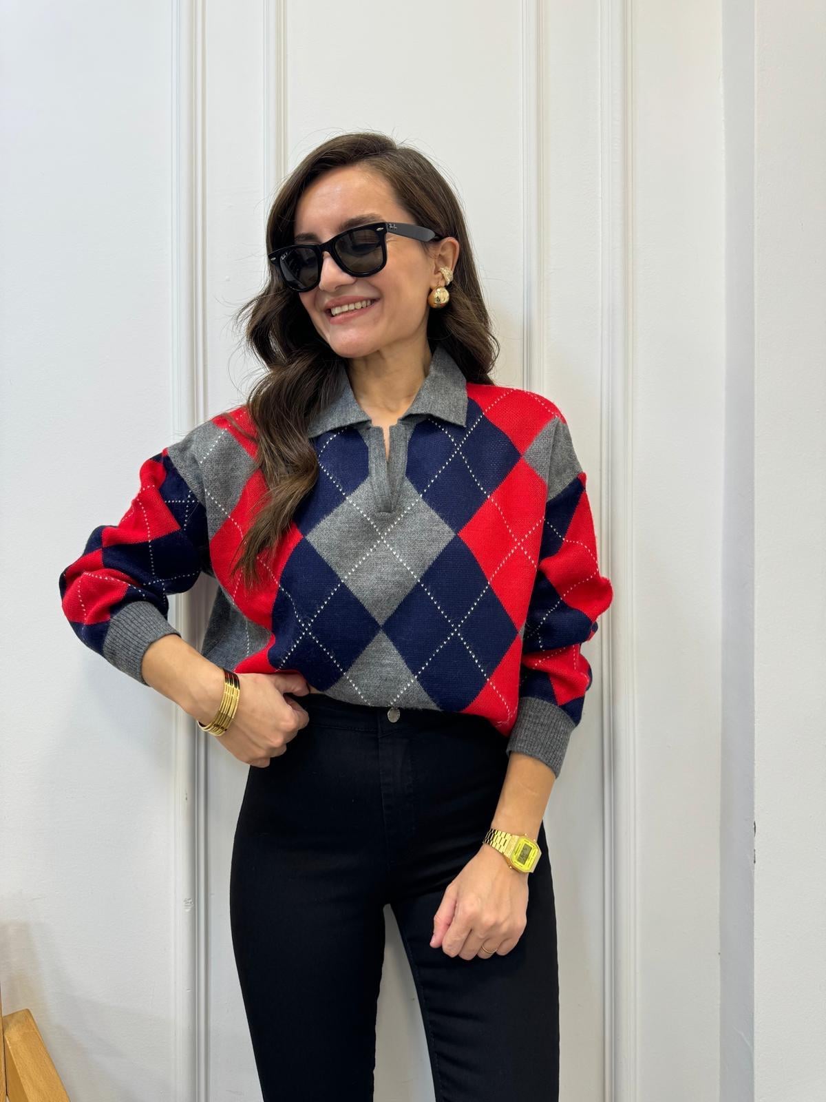 Füme Polo Yaka Baklava Desen Triko Bluz 4255