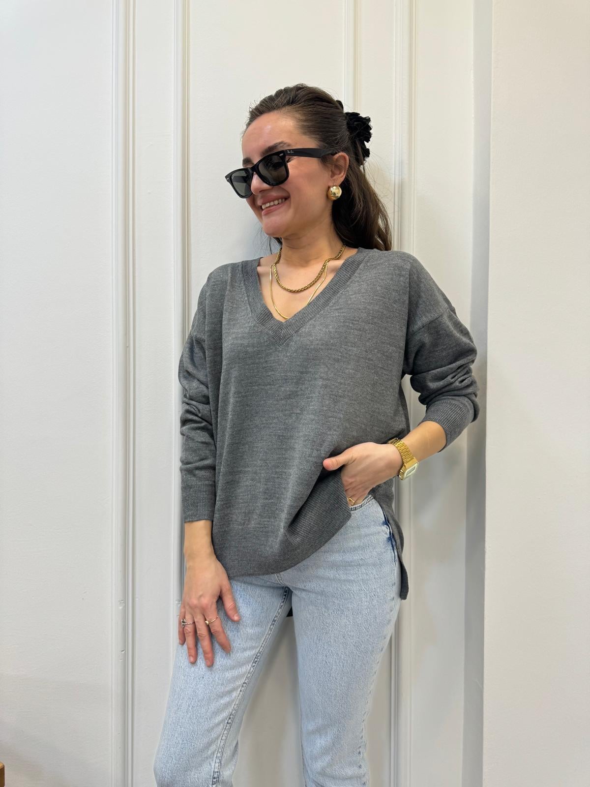 Füme V Yaka Triko Bluz 3859