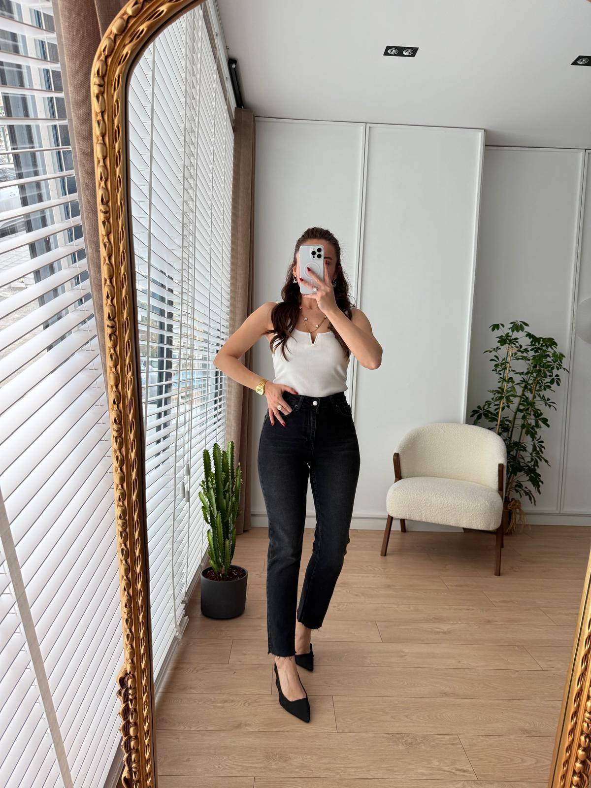 Füme Yüksek Bel Full Likralı Paçası Kesik Mom Jean 0764