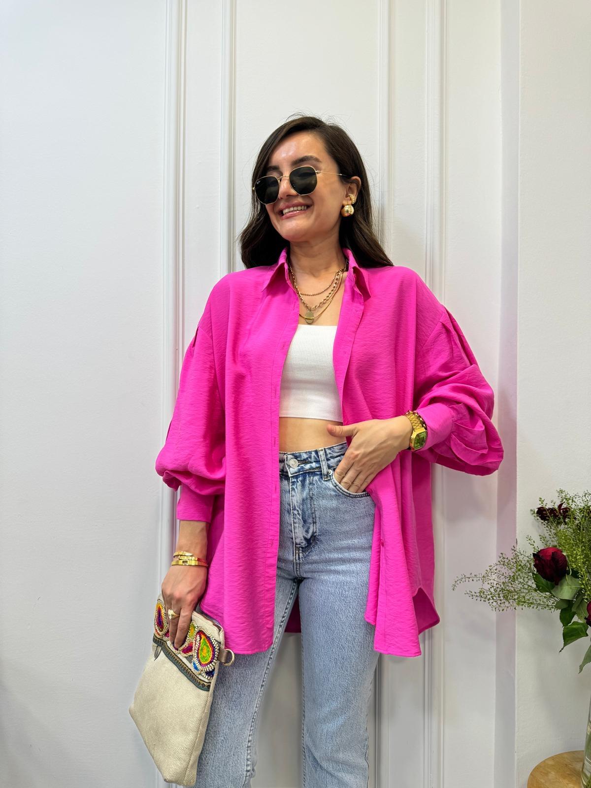 Fuşya Balon Kol Oversize Gömlek 0341