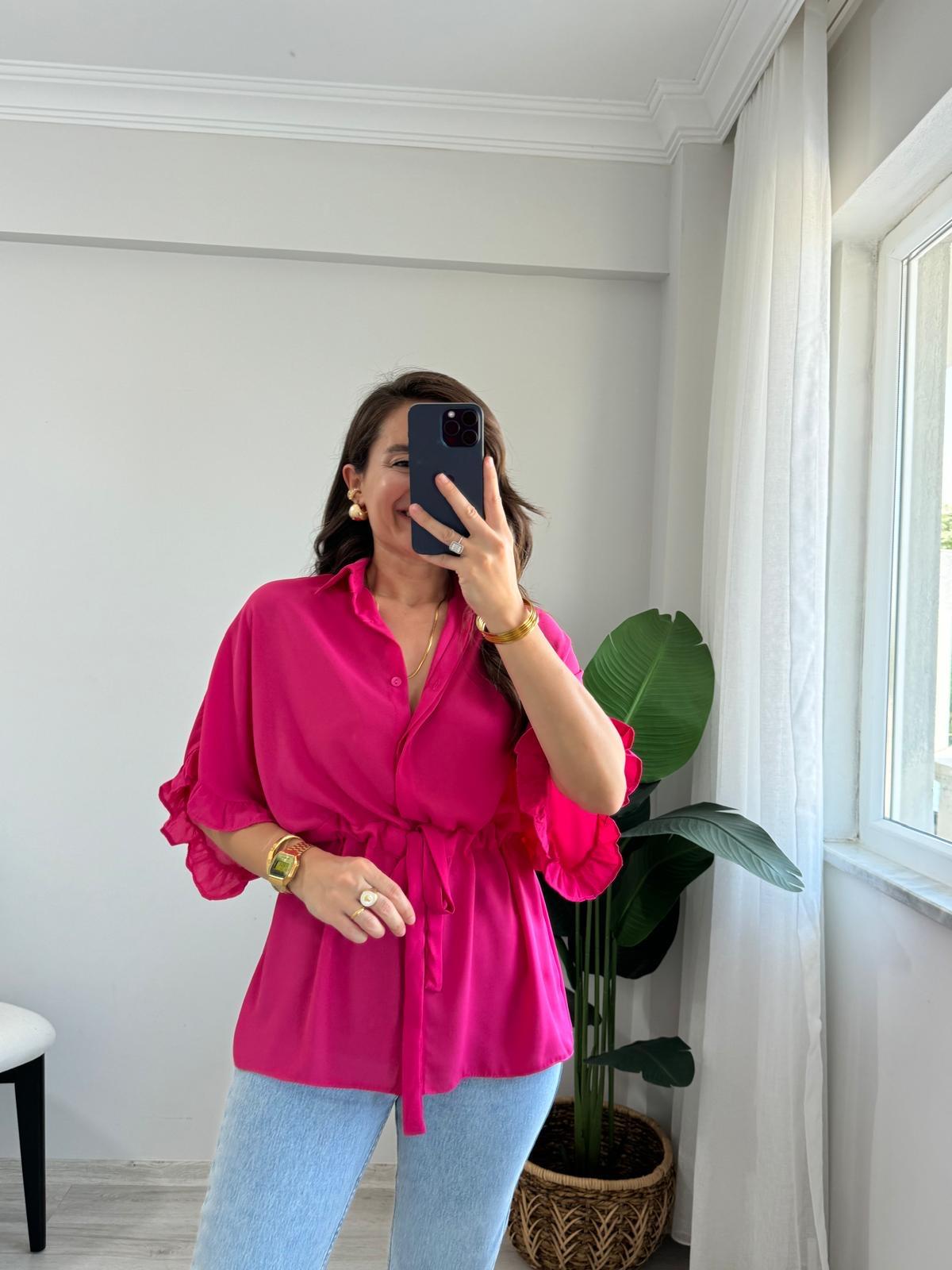 Fuşya Beli Büzgülü Kolları Fırfırlı Gömlek 5035