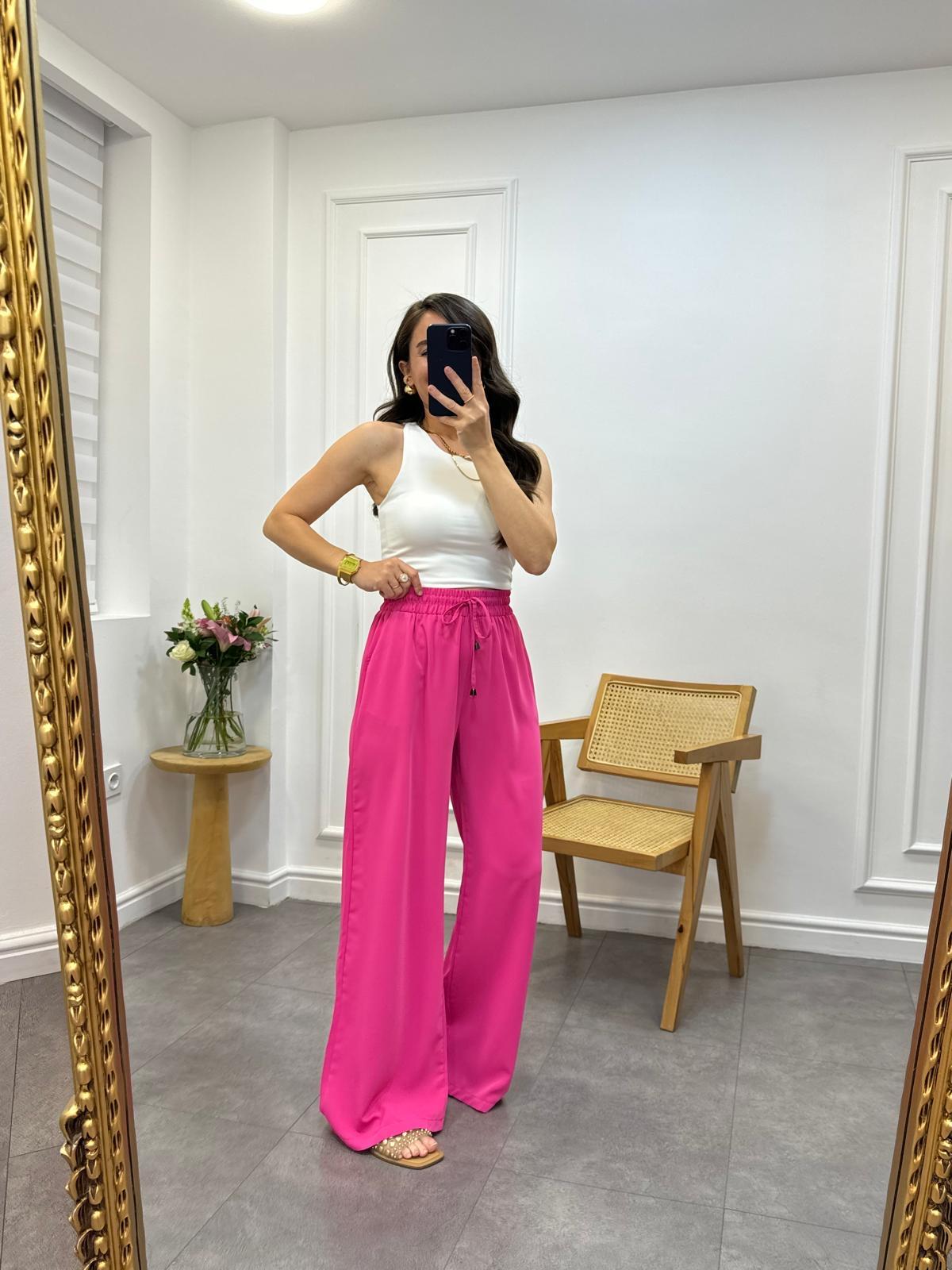 Fuşya Beli Lastikli Özel Dokulu Salaş Pantolon 0858