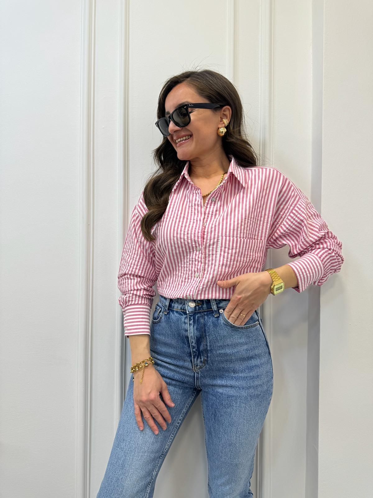 Fuşya Beyaz İnce Çizgili Tek Cepli Gömlek 0001