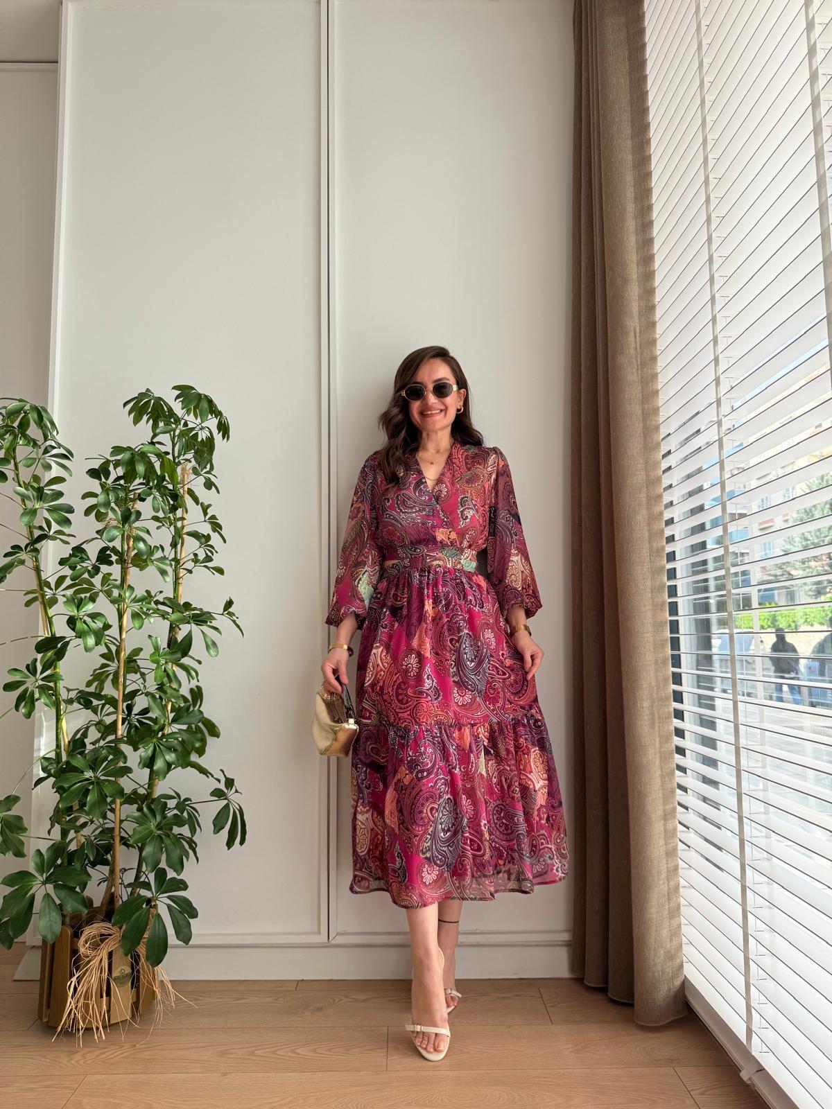 Fuşya Desenli Bel Dekolteli Şifon Elbise 23356