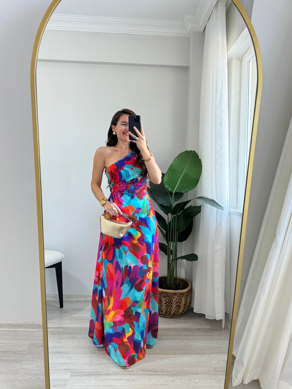 Fuşya Desenli Bel Dekolteli Tek Omuz Elbise 5956