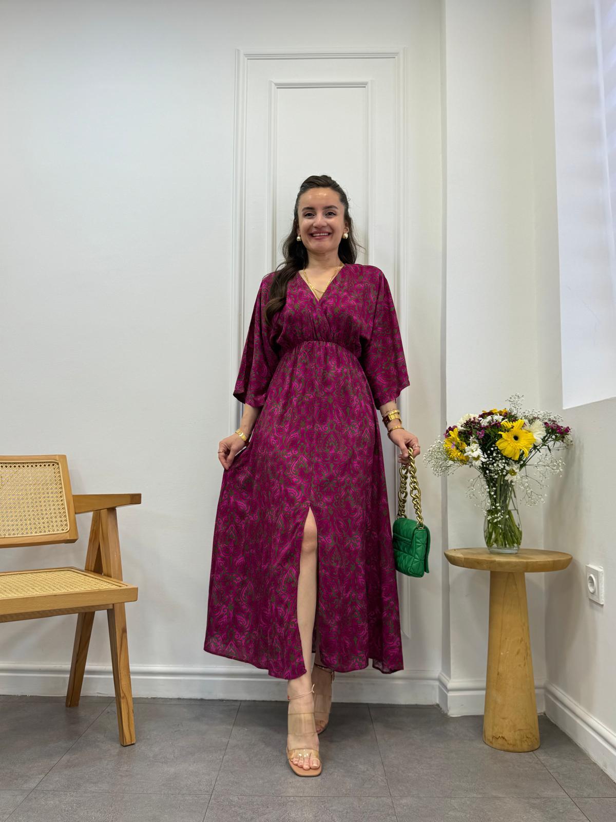 Fuşya Desenli Bel Lastikli Yırtmaç Detaylı Elbise 3003