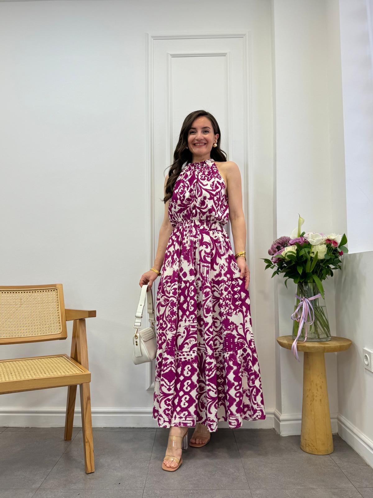 Fuşya Desenli Halter Yaka Volan Detaylı Elbise 279068