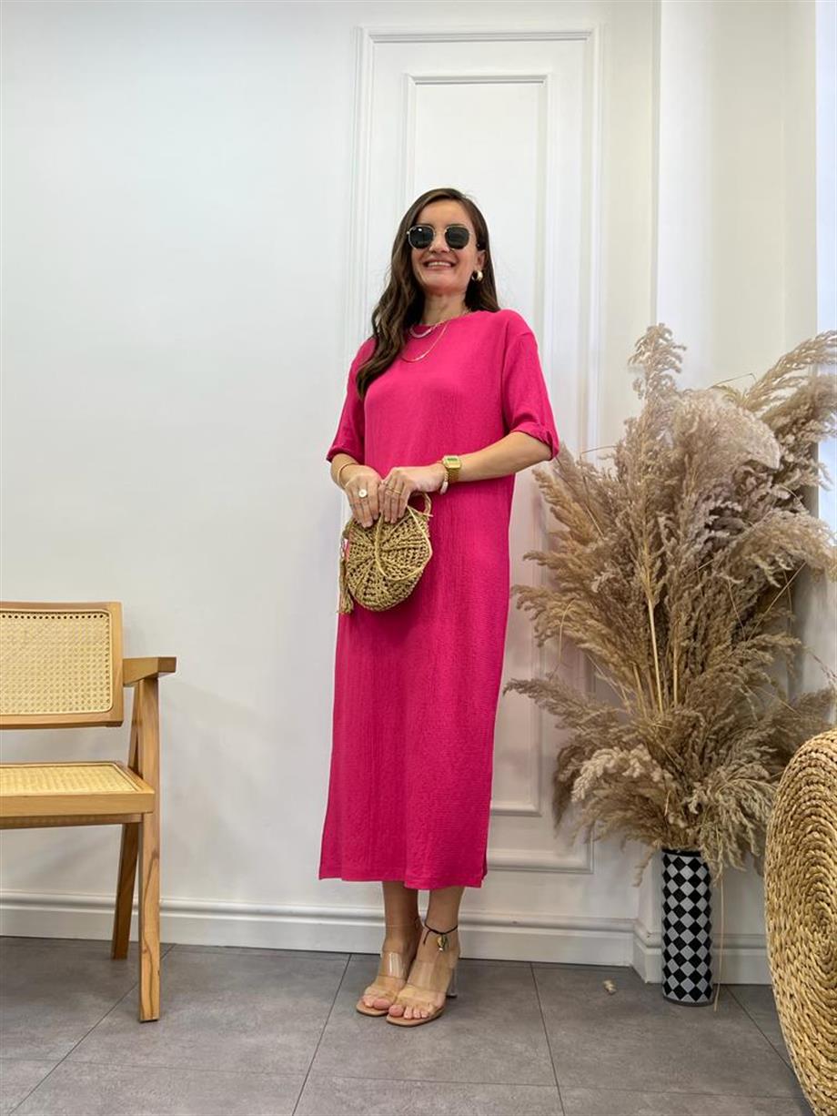 Fuşya Gofre Kumaş Yırtmaçlı Basic Elbise 0411