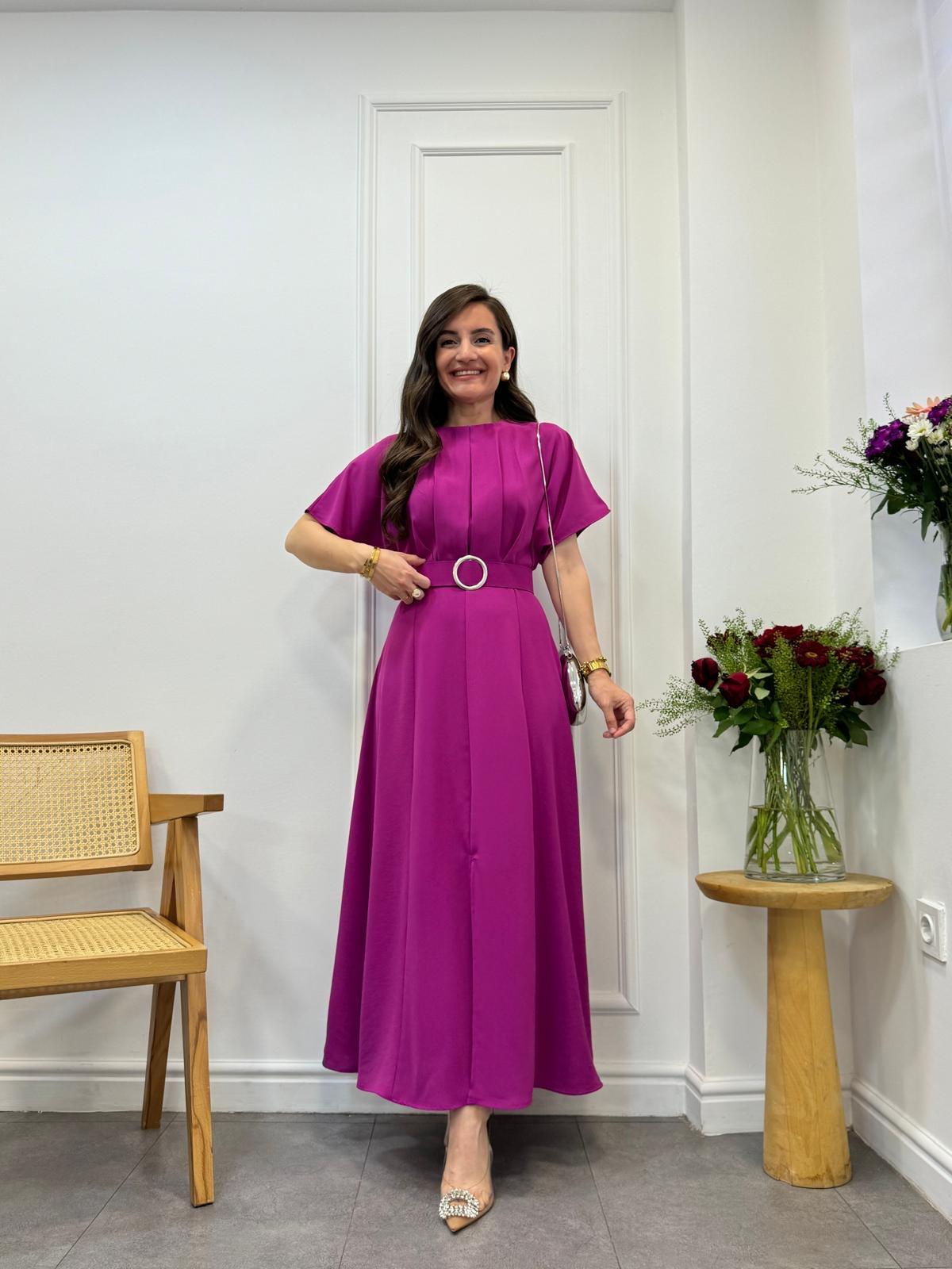 Fuşya Göğüs Pileli Yırtmaçlı Elbise 3098