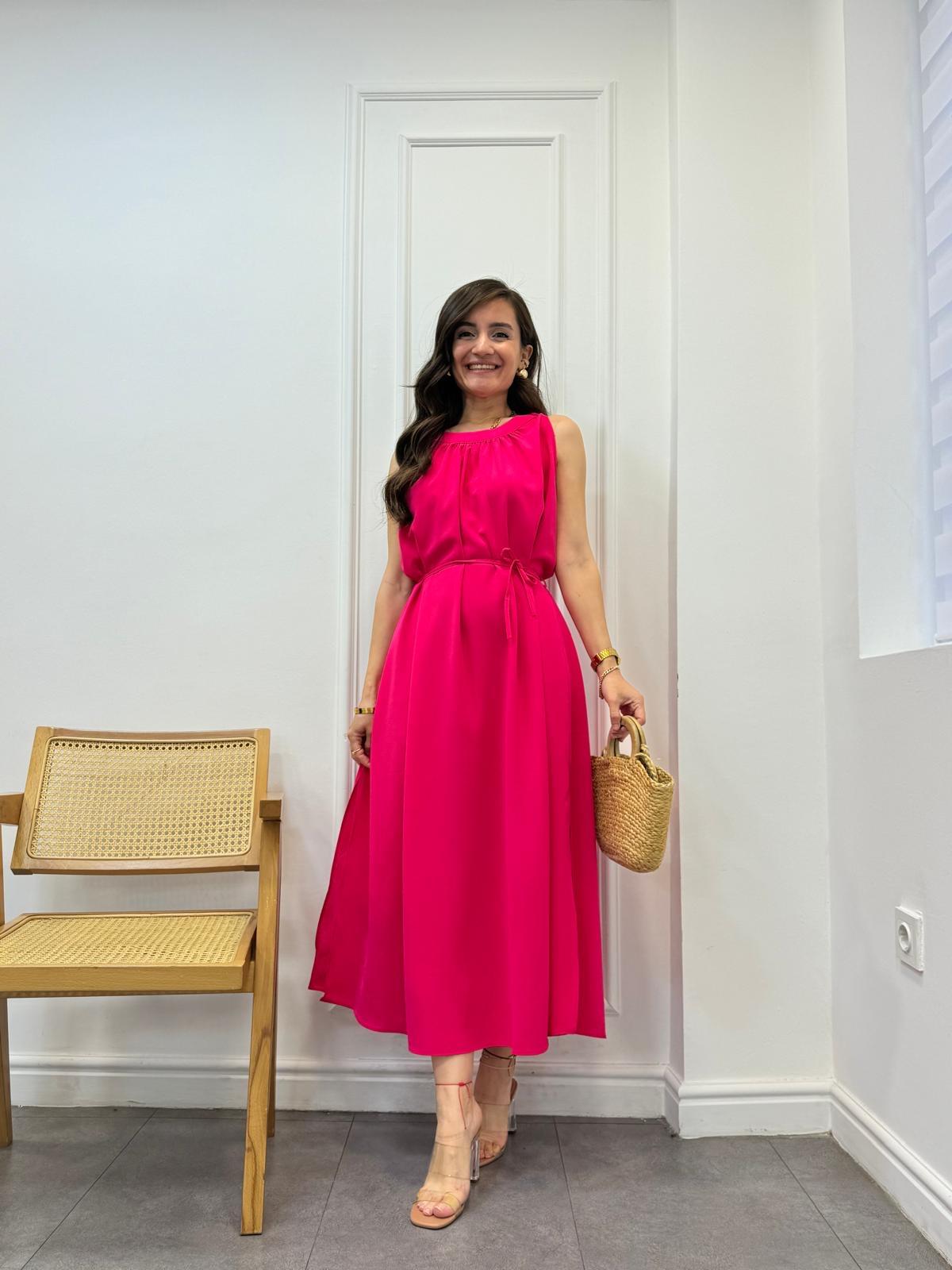 Fuşya Halter Yaka Yanları Yırtmaçlı Elbise 1402