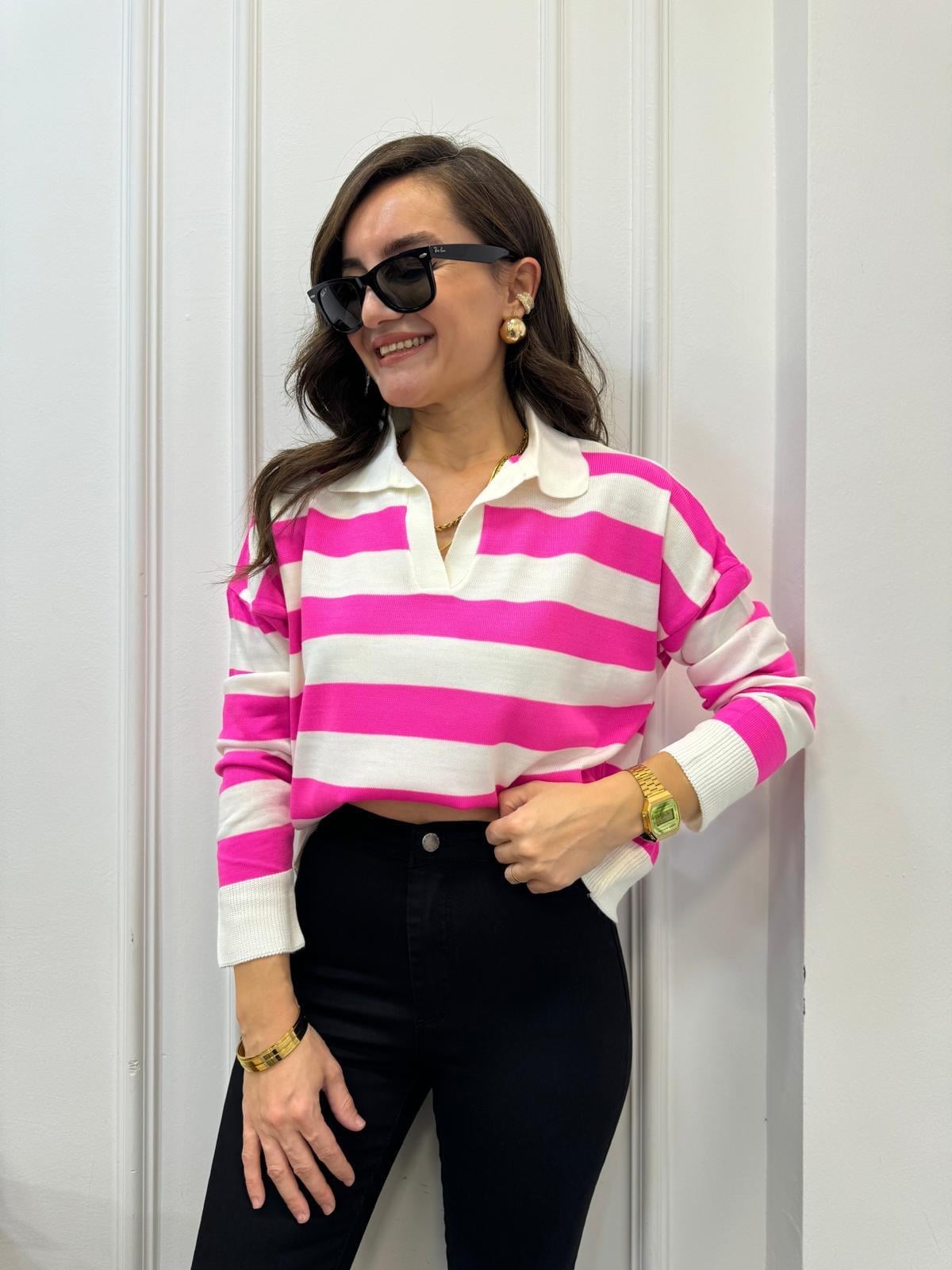 Fuşya İri Çizgili Polo Yaka Triko 3309