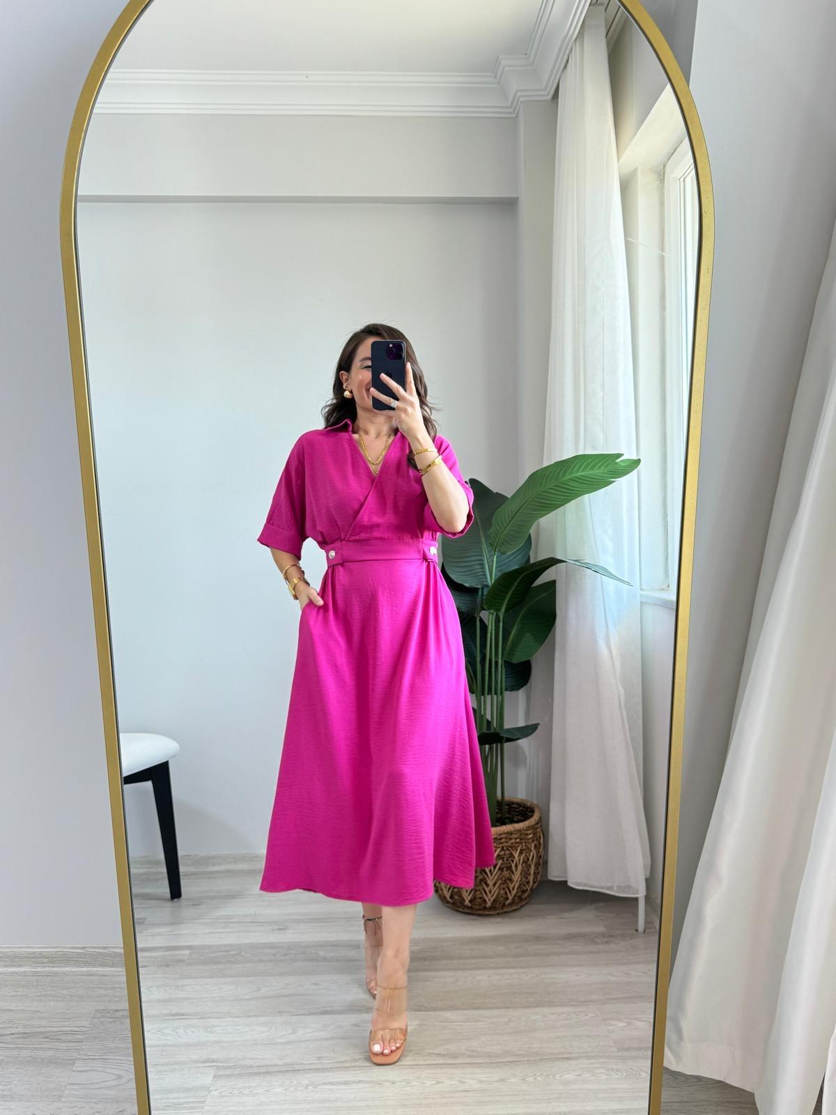 Fuşya Kruvaze Yaka Bel Detaylı Elbise M02