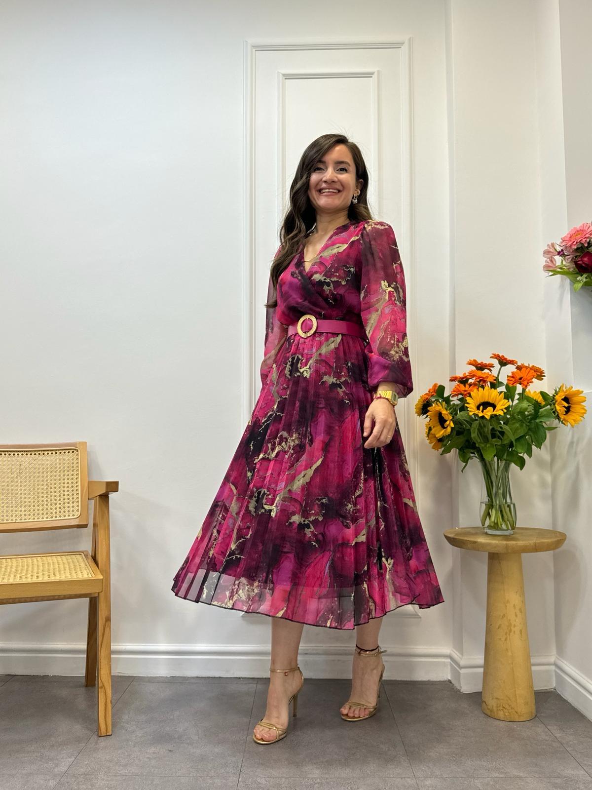 Fuşya Kruvaze Yaka Eteği Piliseli Kemerli Şifon Elbise 3286