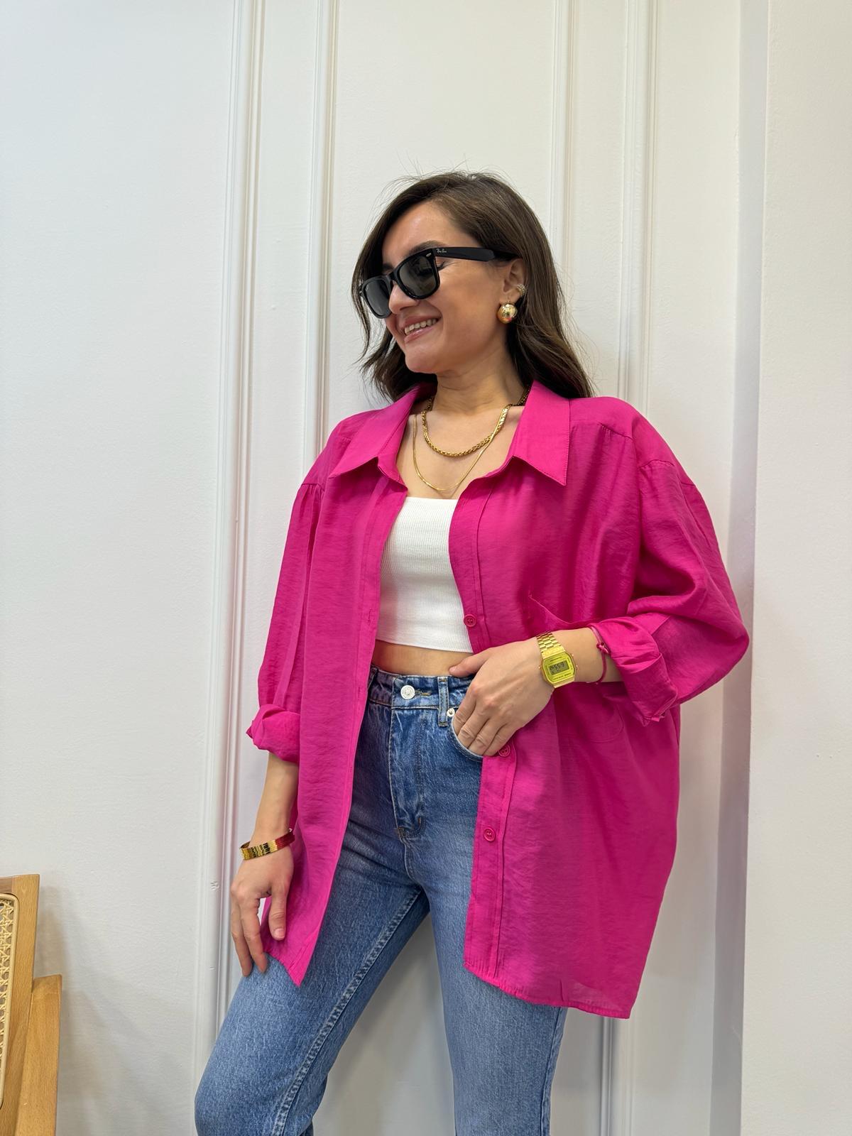 Fuşya Lüx Kalite Oversize Gömlek 4612