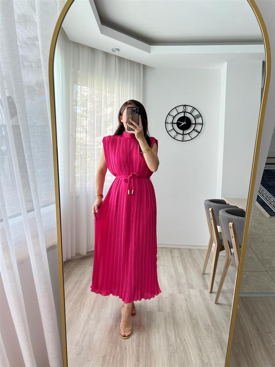 Fuşya Piliseli Örgü Kemerli Şifon Elbise 4280