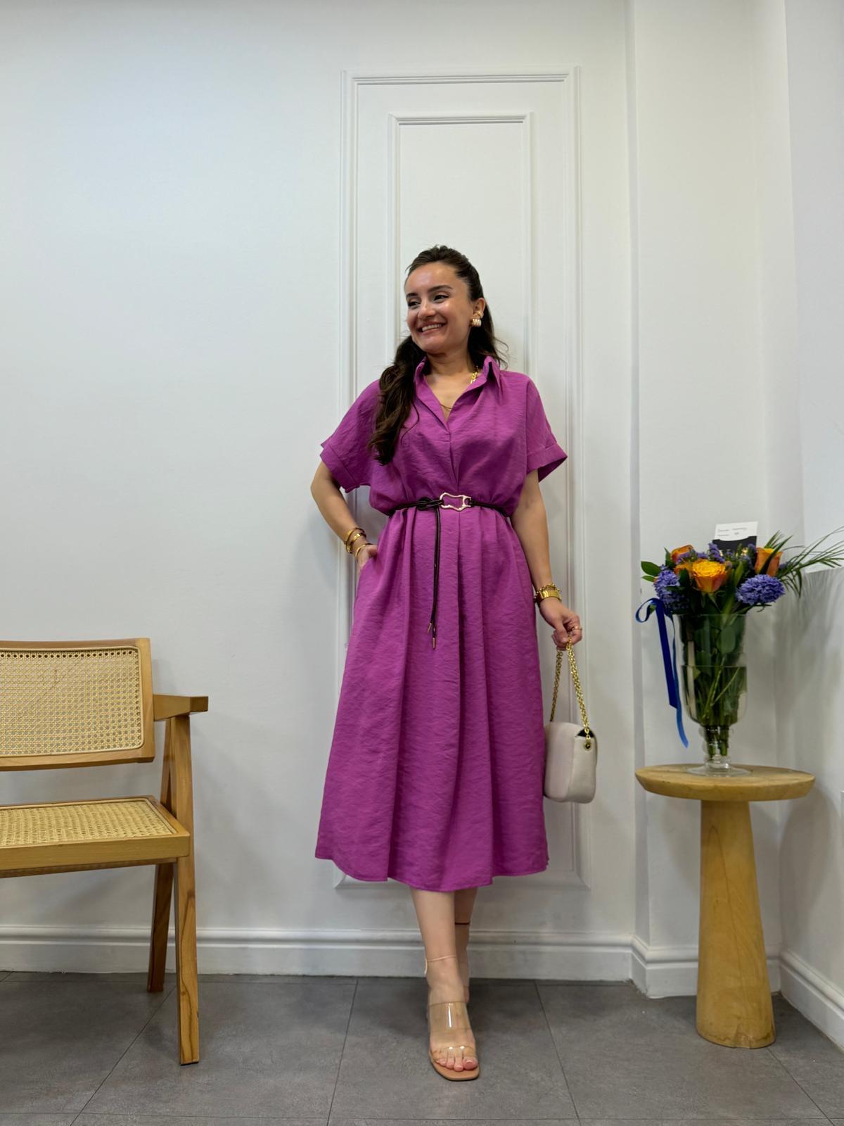 Fuşya Polo Yaka Tensel Kumaş Elbise 4653