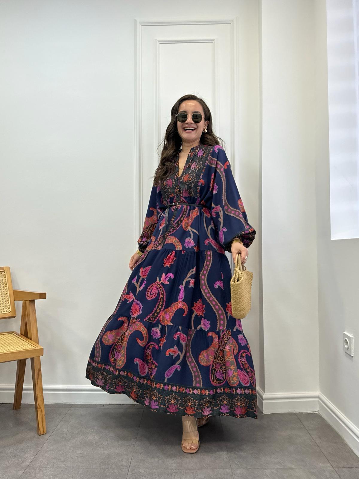 Fuşya Renkli Desenli Önü Düğmeli Elbise 036