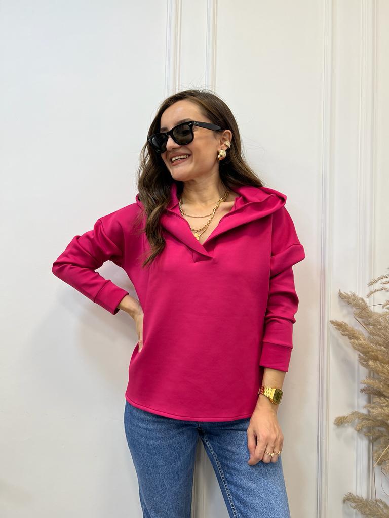 Fuşya Scuba Kumaş Kapüşonlu Sweatshirt 1001