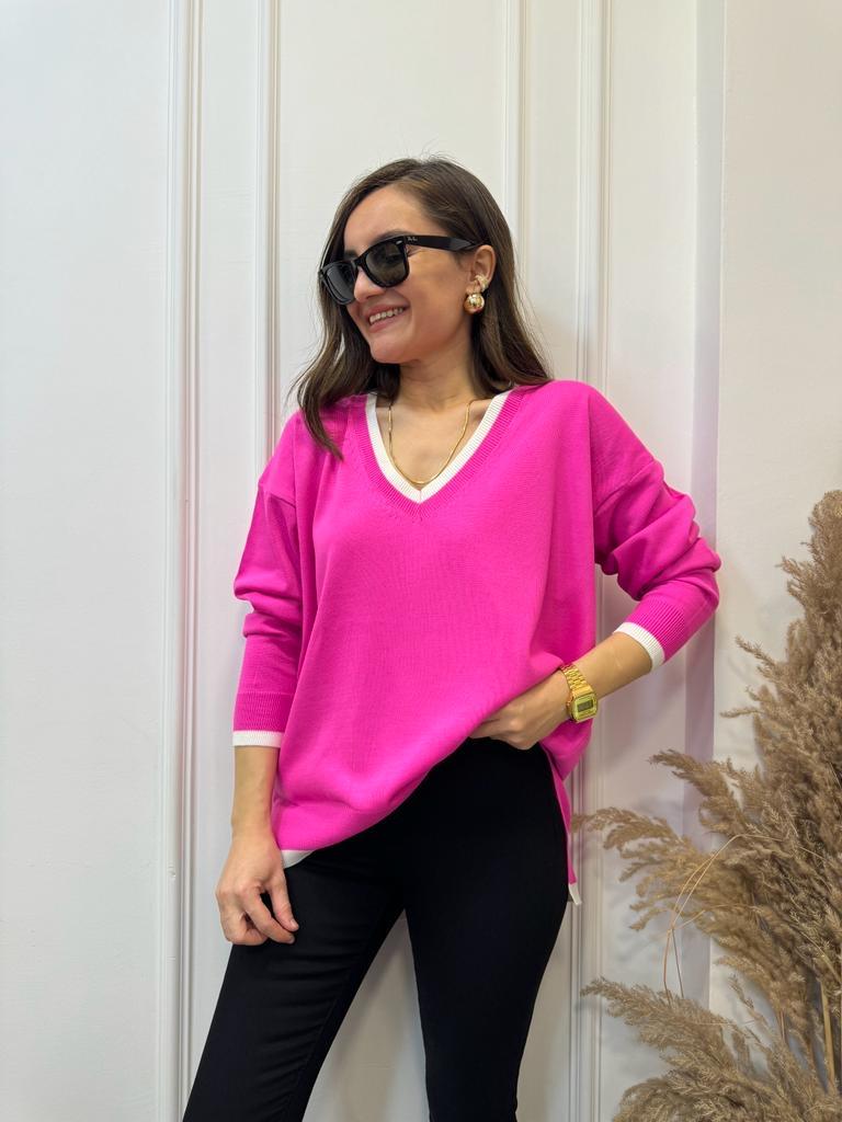 Fuşya V Yaka Beyaz Şeritli Triko Bluz 3743