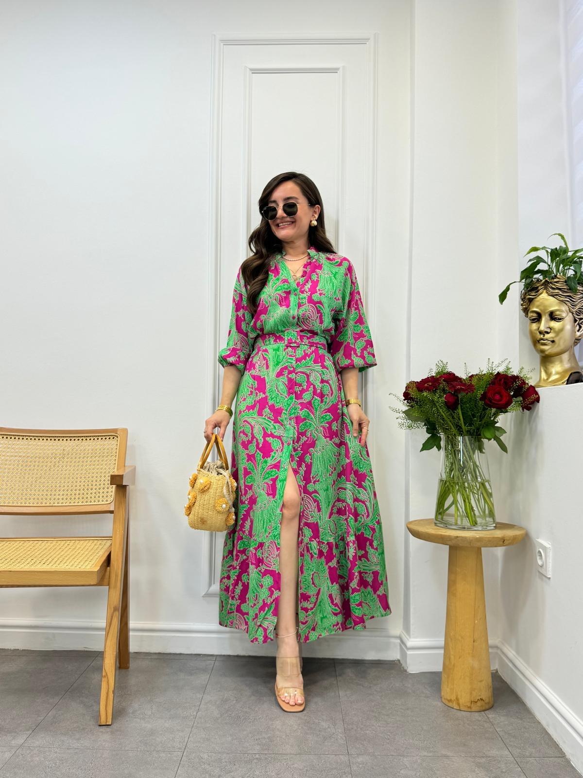 Fuşya Yeşil Desenli Kemerli Gömlek Elbise 3144