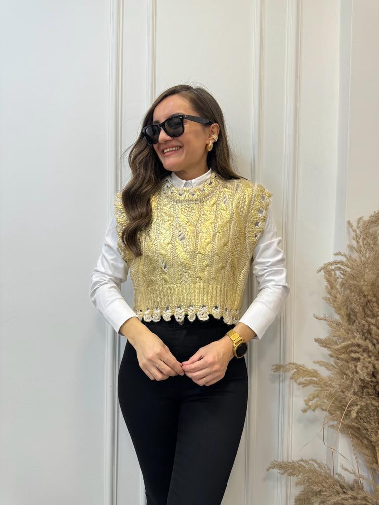 Gold Saç Örgülü Metalik Süveter 4156