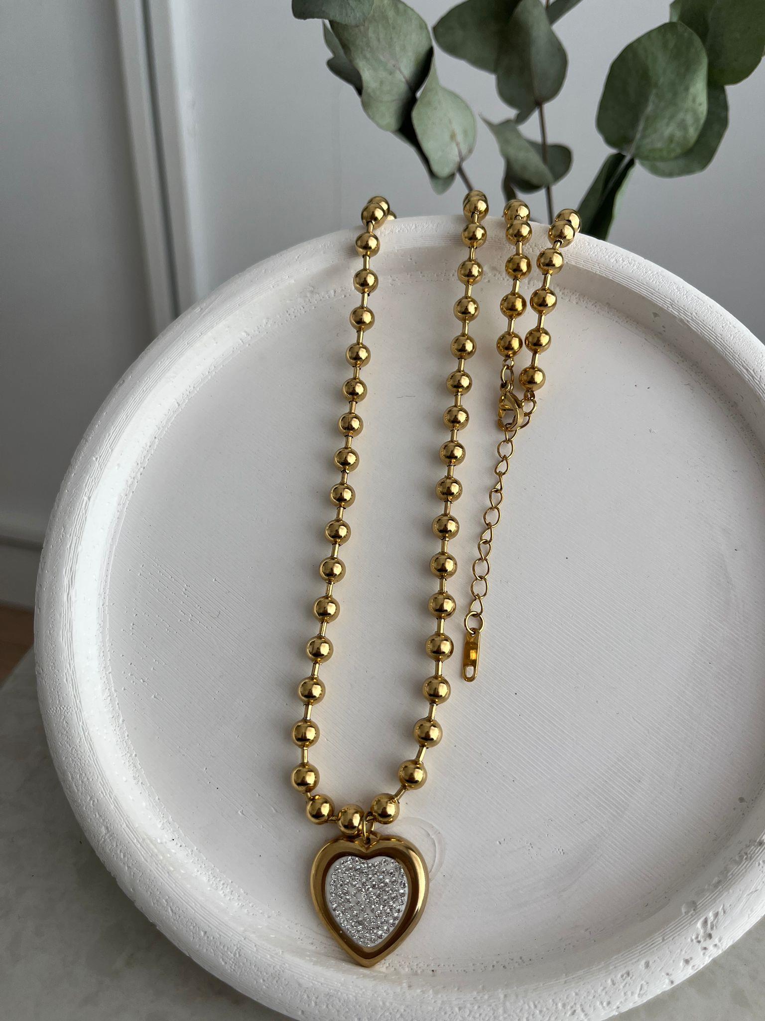 Gold Taşlı Kalp Detaylı Kolye ST24