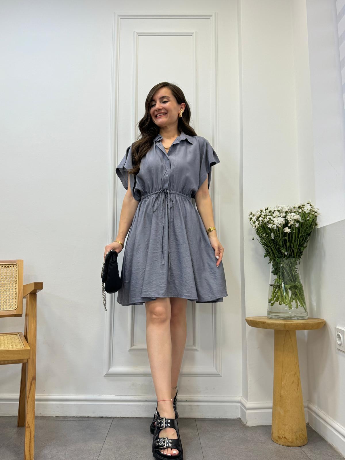 Gri Düğmeli Bel Lastikli Mini Elbise 2611