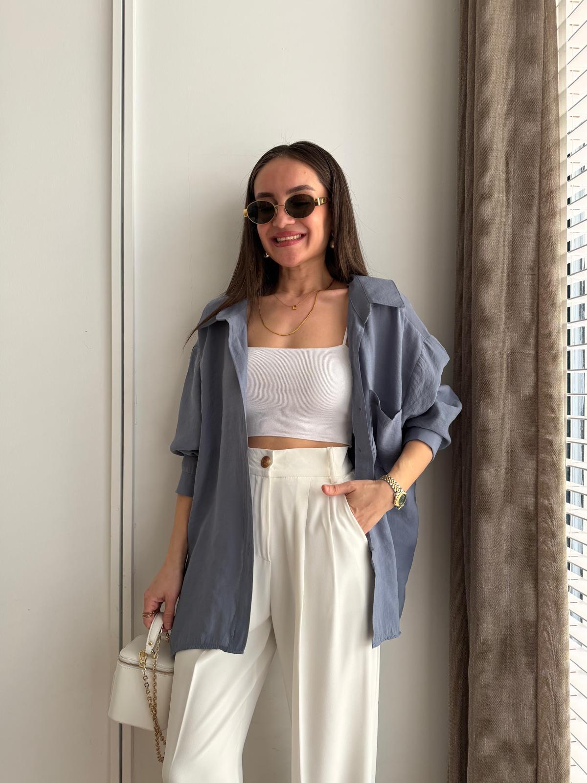 Gri mavi Lüx Kalite Oversize Gömlek 4612