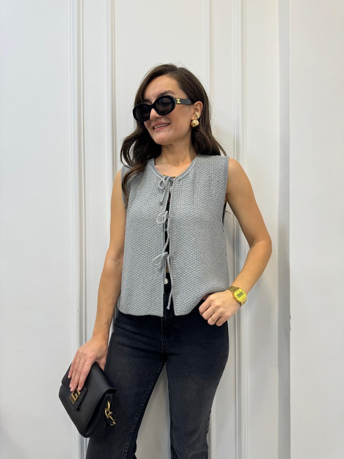 Gri Önden Bağlamalı Triko Bluz 241025