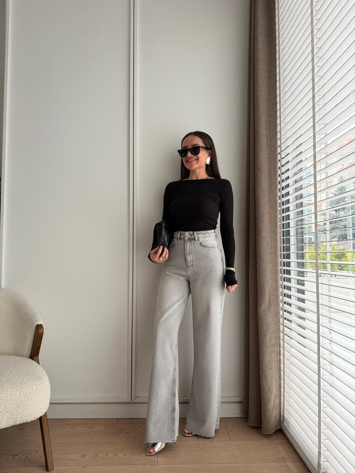 Gri Paçası Kesik Wide Leg Jean 1011