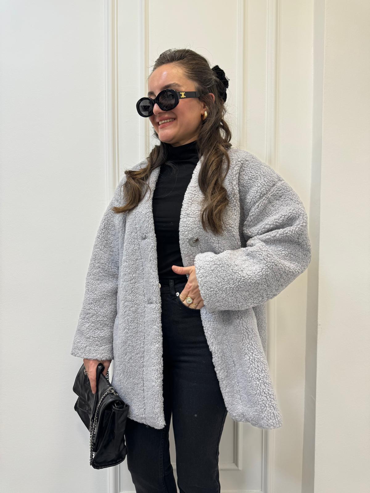 Gri Premium Seri V Yaka Astarlı Cepli Teddy Kaban 7398