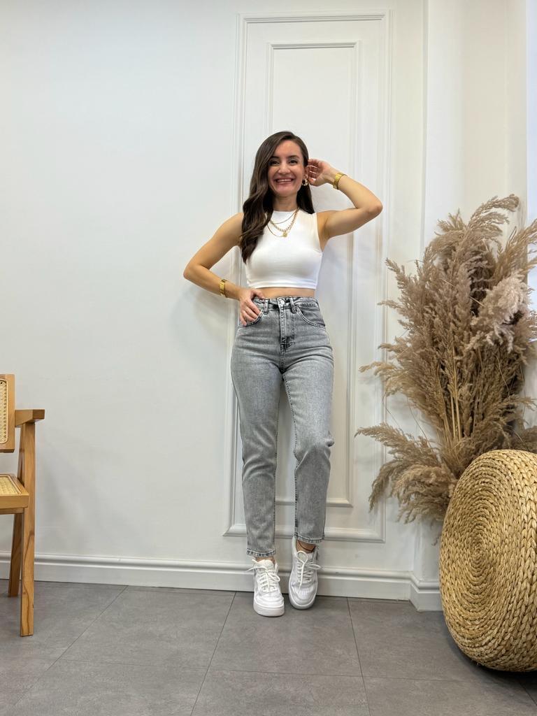 Gri Premium Yüksek Bel Mom Jean 483