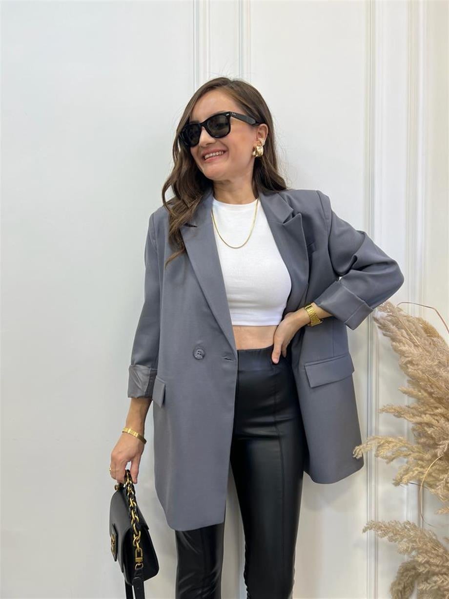 Gri Tek Düğme Oversize Blazer Ceket 9287