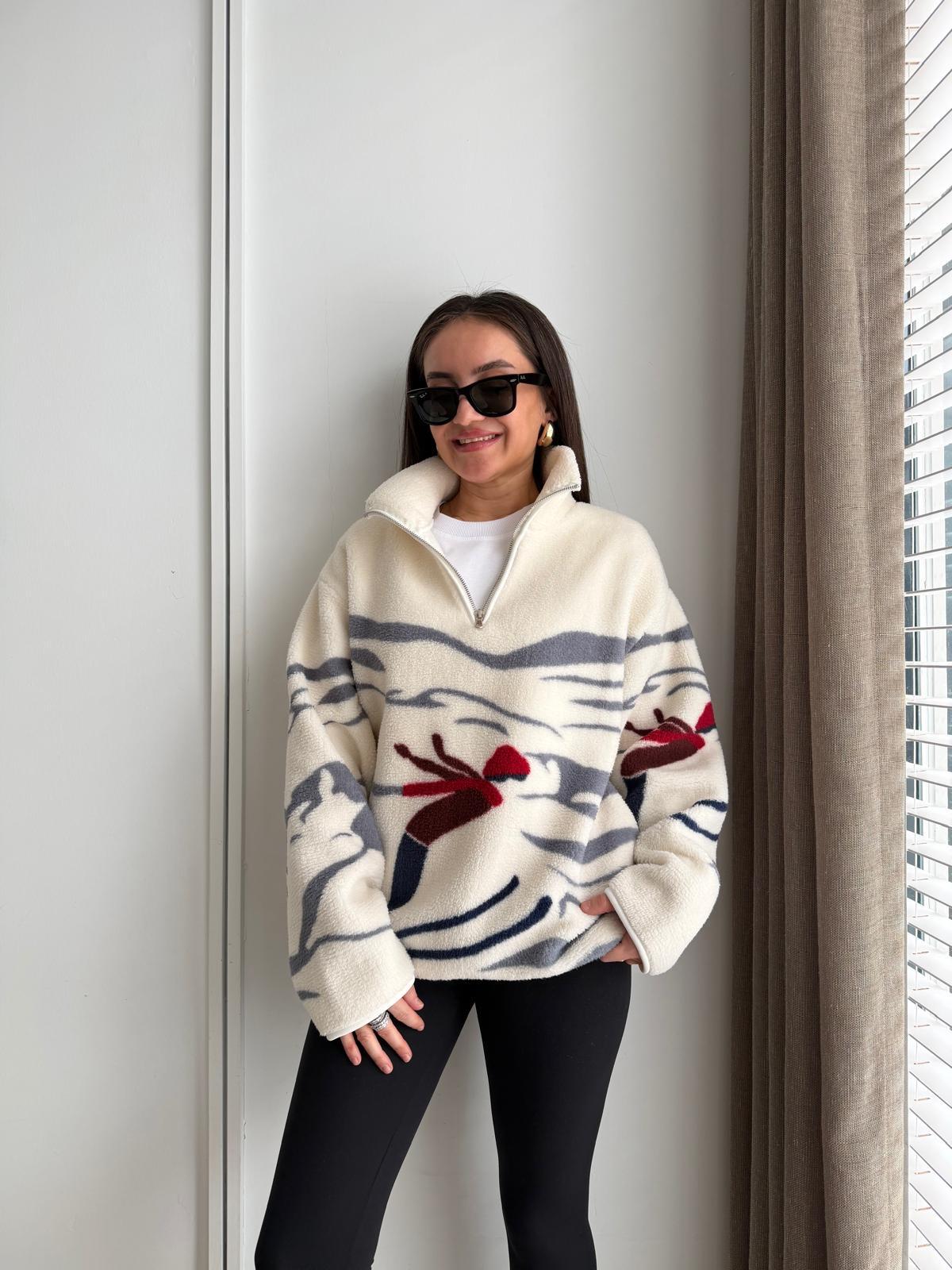 Gri Yarım Fermuarlı Desenli Peluş Sweet 22833