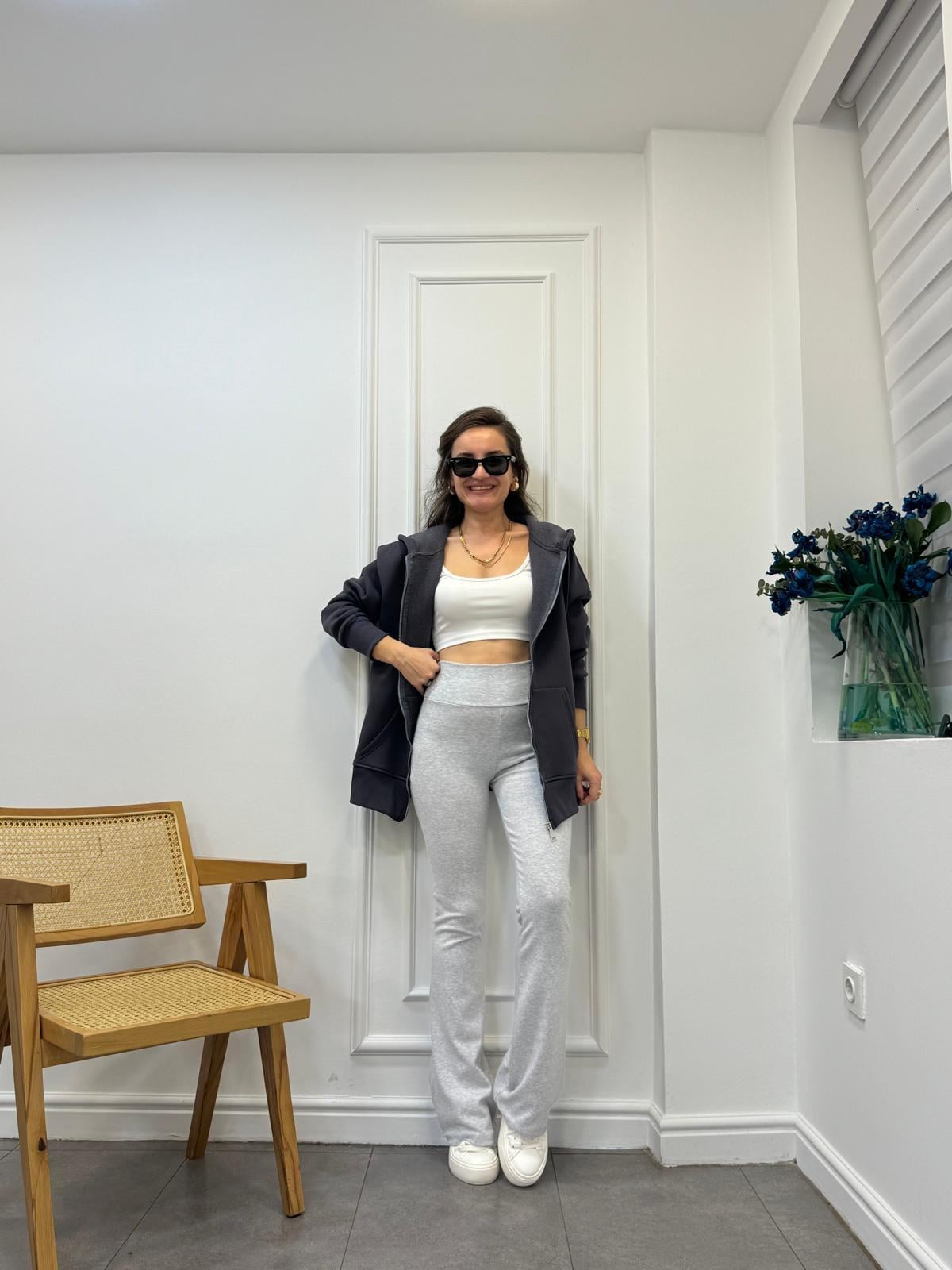 Gri Yüksek Bel İspanyol Paça Kaşkorse Pantolon 2024