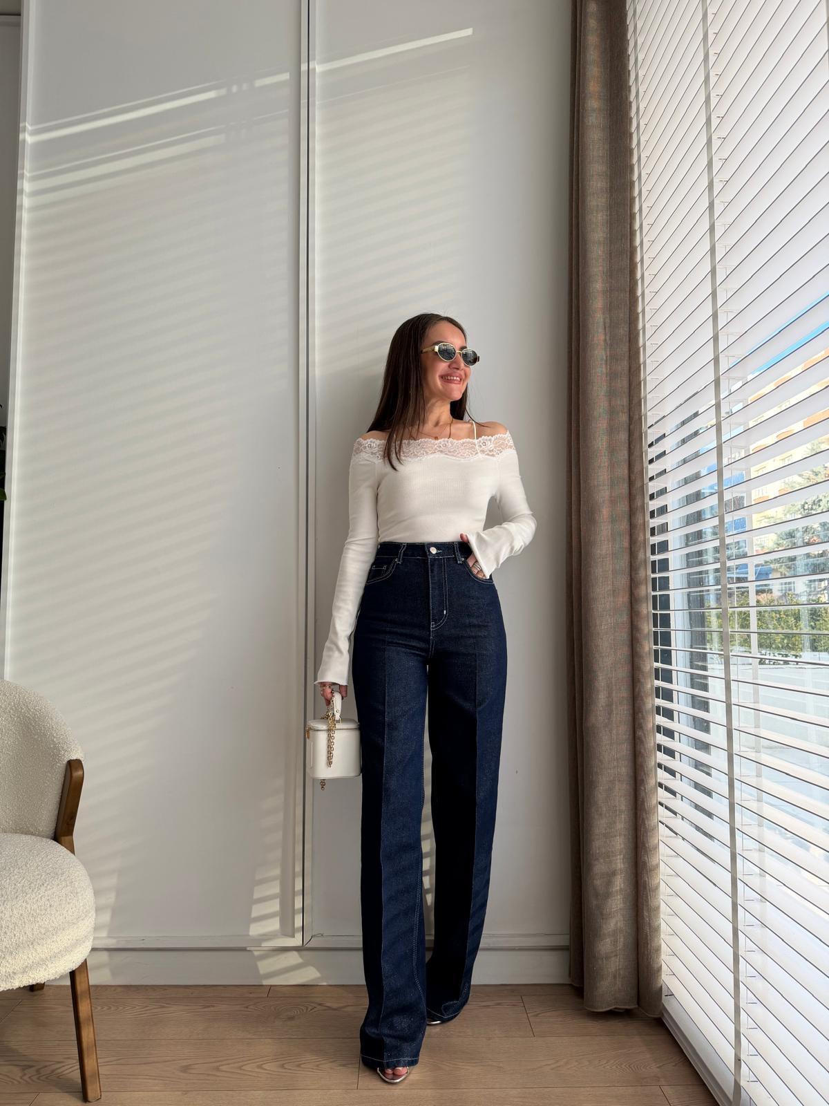 Gümüş Lacivert Sim Geçişli Wide Leg Jean 8230