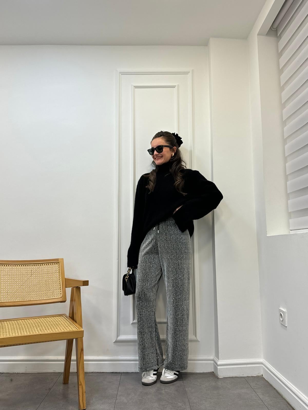 Gümüş Sim Geçişli Bel Bağlama Palazzo Pantolon 29416